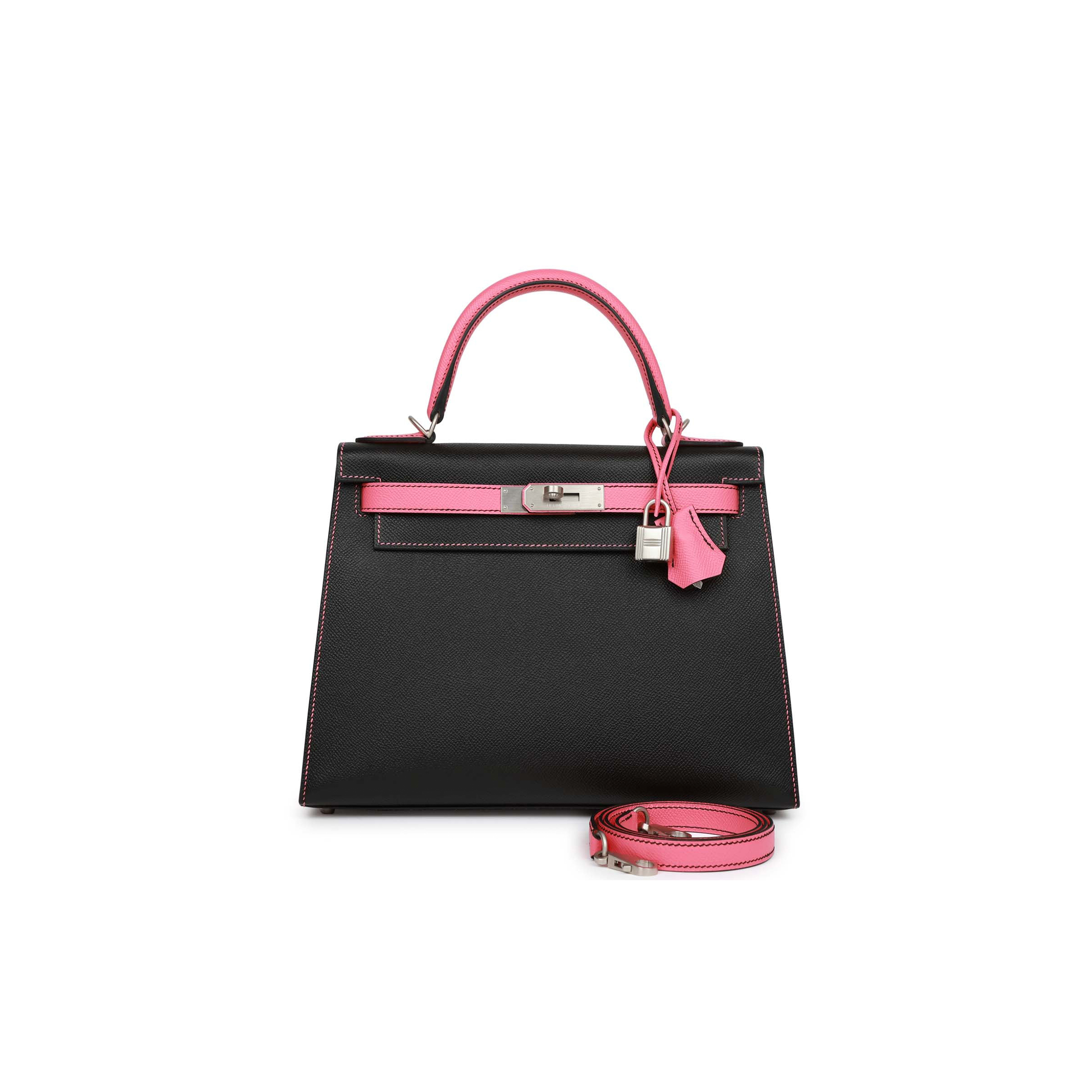 HERMÈS KELLY 25 BLACK AND ROSE AZALEE EPSOM HARDWARE (25*17*7cm) 